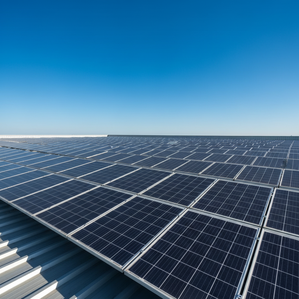 Solar panels on a rooftop with a clear sky, representing renewable energy and sustainability
