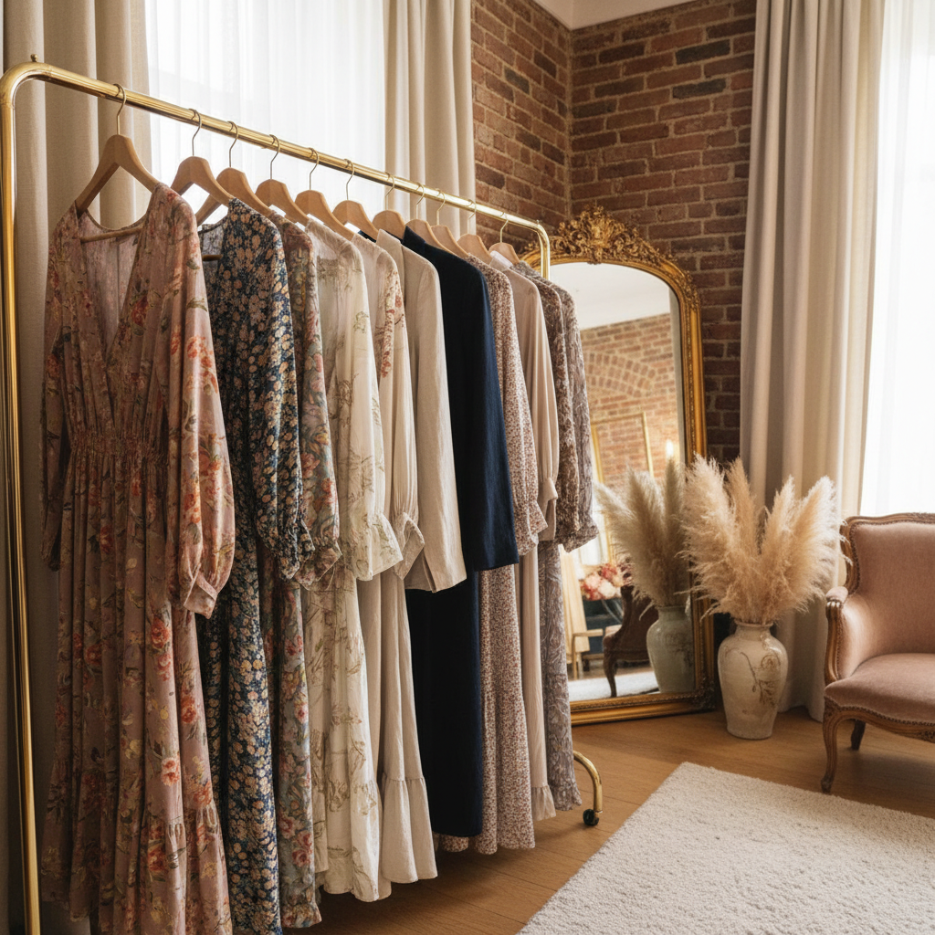 Vêtements féminins Sézane suspendus sur cintres dorés dans une boutique parisienne