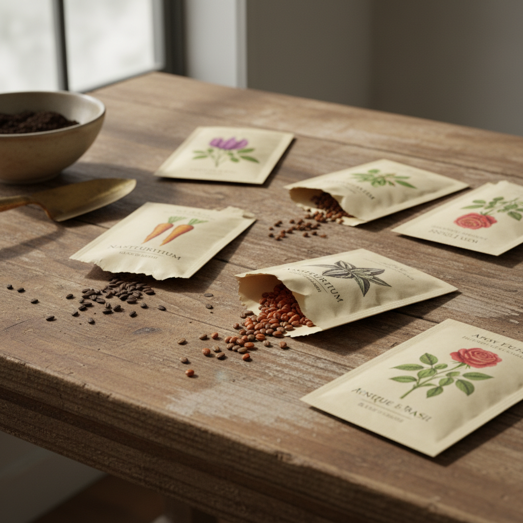 Heirloom seed packets spread on worn wooden table, some open with seeds visible