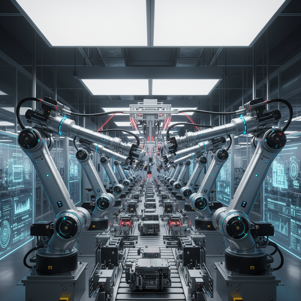 Automated robotic arms working on assembly line in smart manufacturing facility