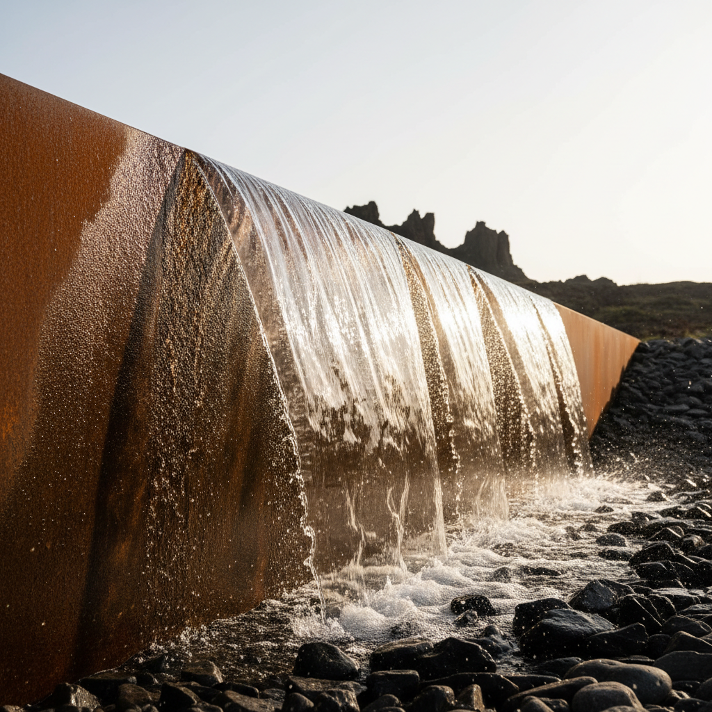 Water sheeting over corten steel edge in desert landscape — rust and water in dialogue against bleached sky