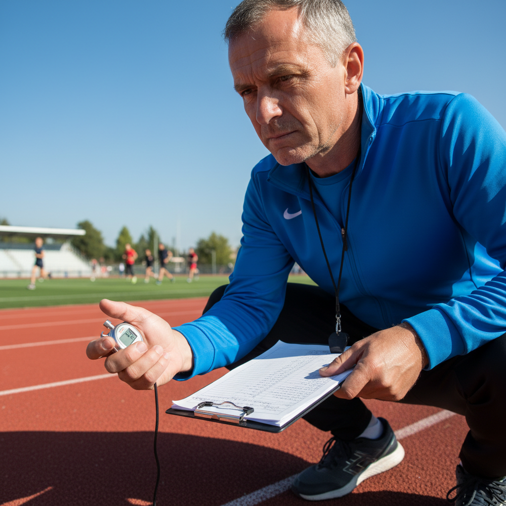 Coach crouching at trackside with clipboard and stopwatch timing a junior athlete