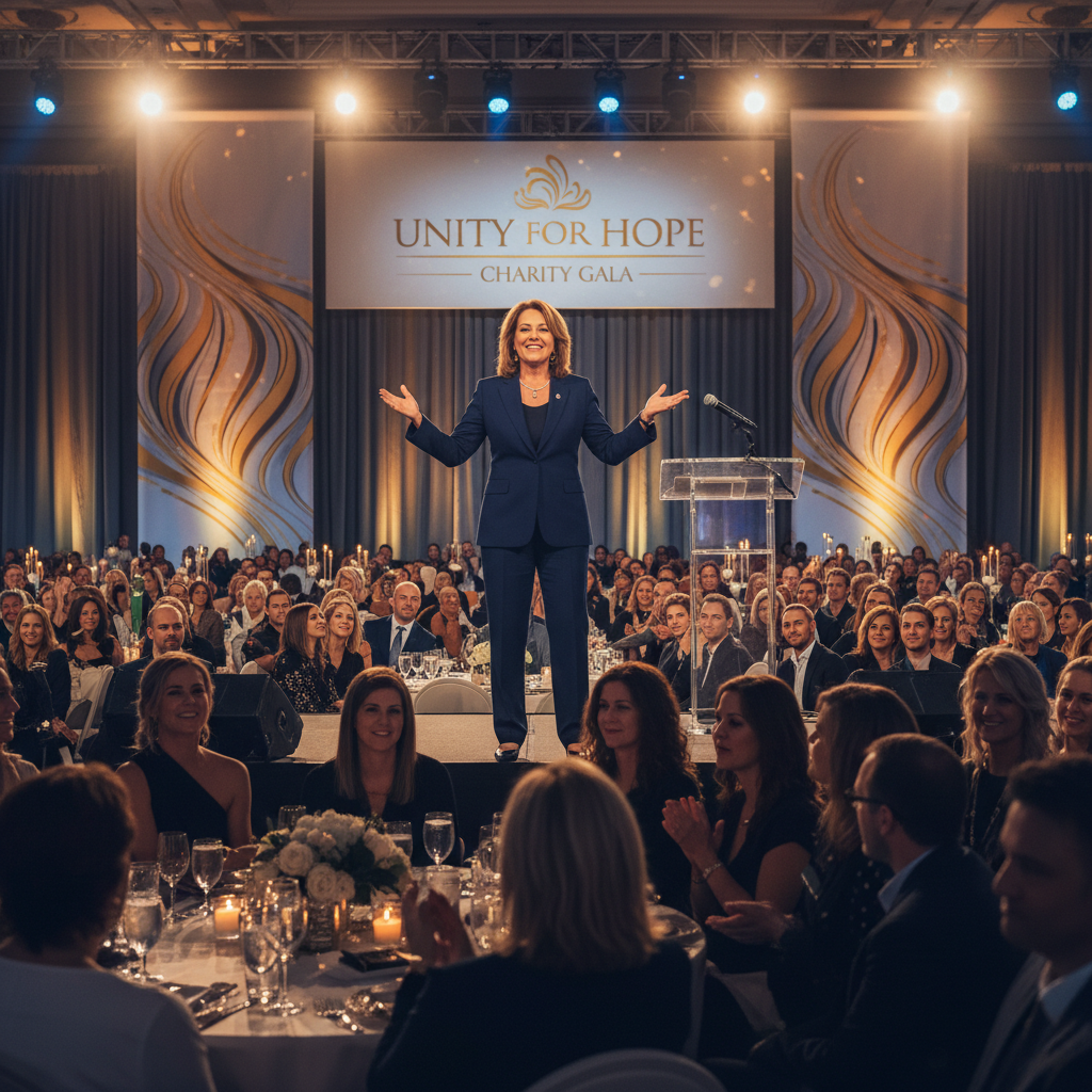 Keynote speaker on stage addressing a large audience at a charity gala event