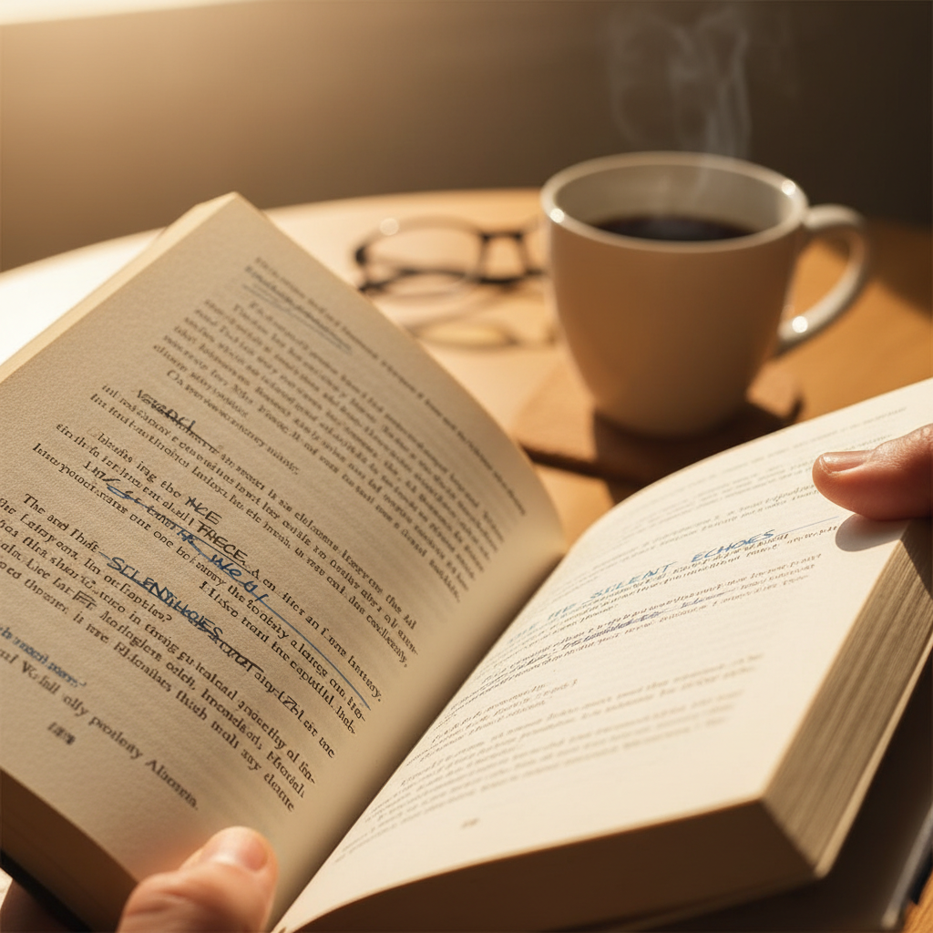 Paperback held open in a sunlit café, annotations visible, coffee in background