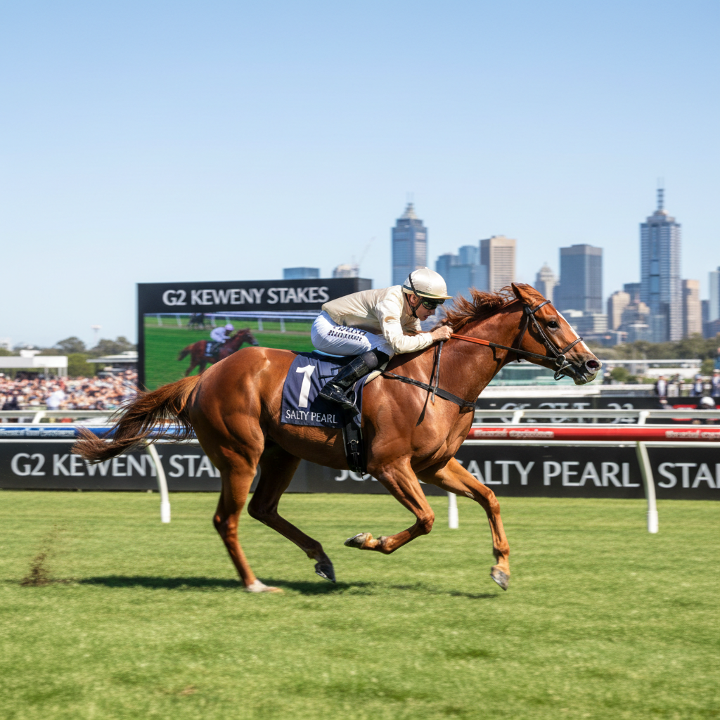 Salty Pearl at Flemington racecourse during the G2 Kewney Stakes, horse showing great form on the straight