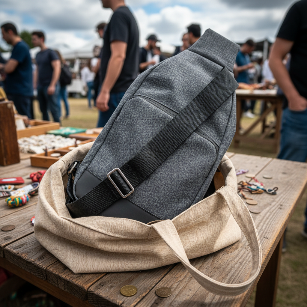 Sling bag half-buried in a canvas tote at a weekend flea market