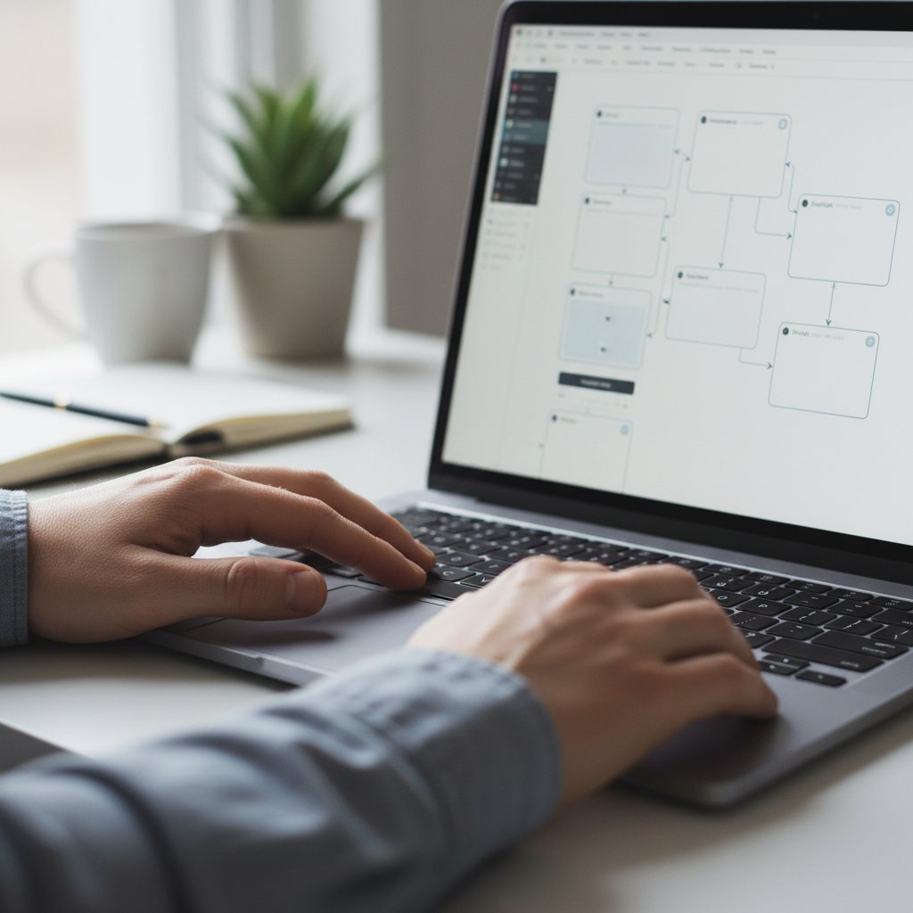 Close-up of designer's hands on trackpad with Figma prototype flow visible on screen