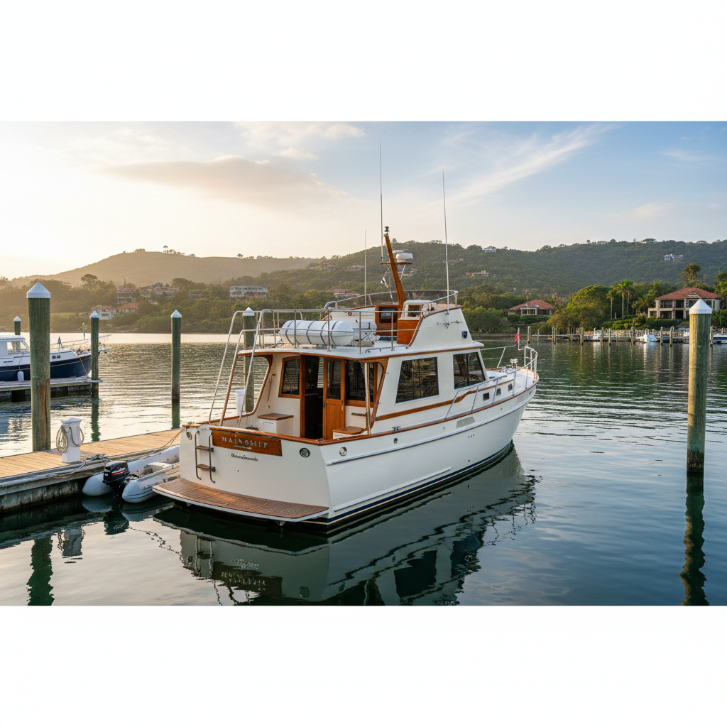 Mainship 34 trawler moored at dock, teak accents and classic styling visible