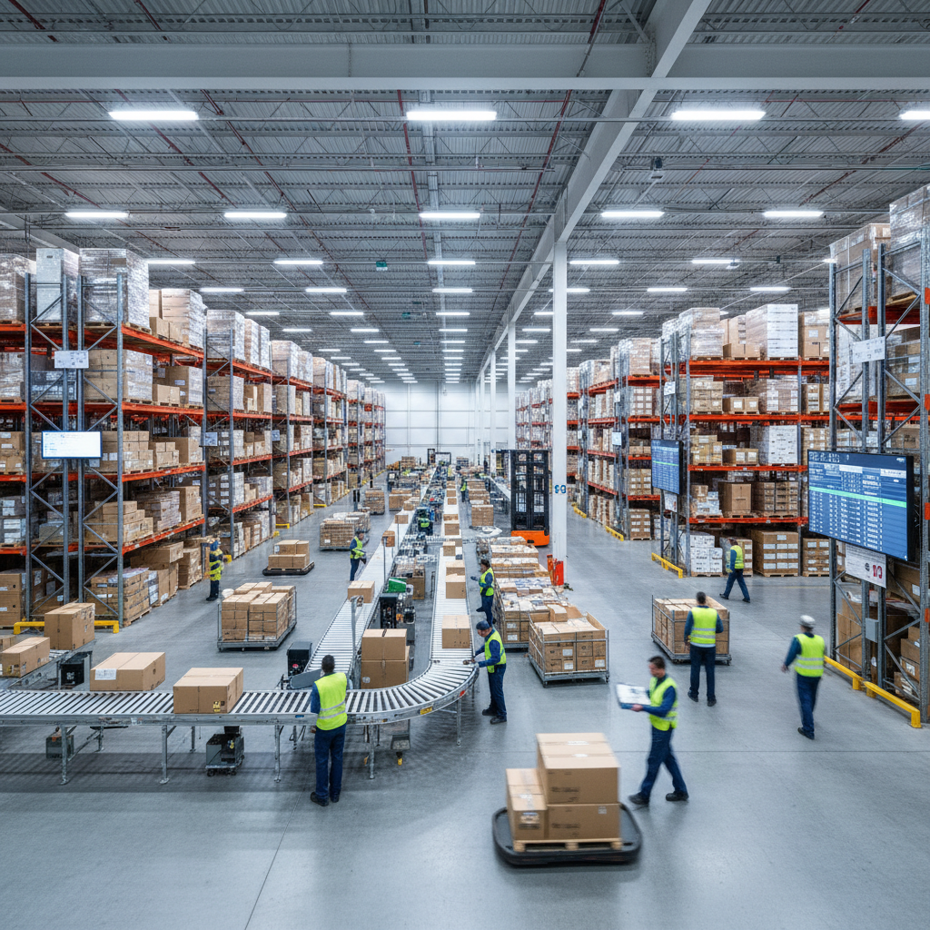 Logistics fulfillment center with packages ready for shipping, organized warehouse operations, dim industrial setting