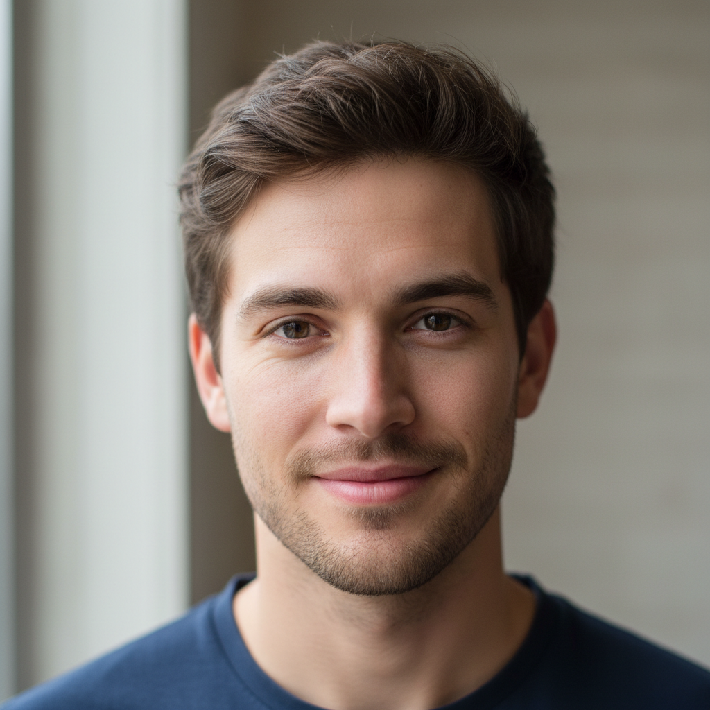 Survivor portrait, young man looking directly at camera