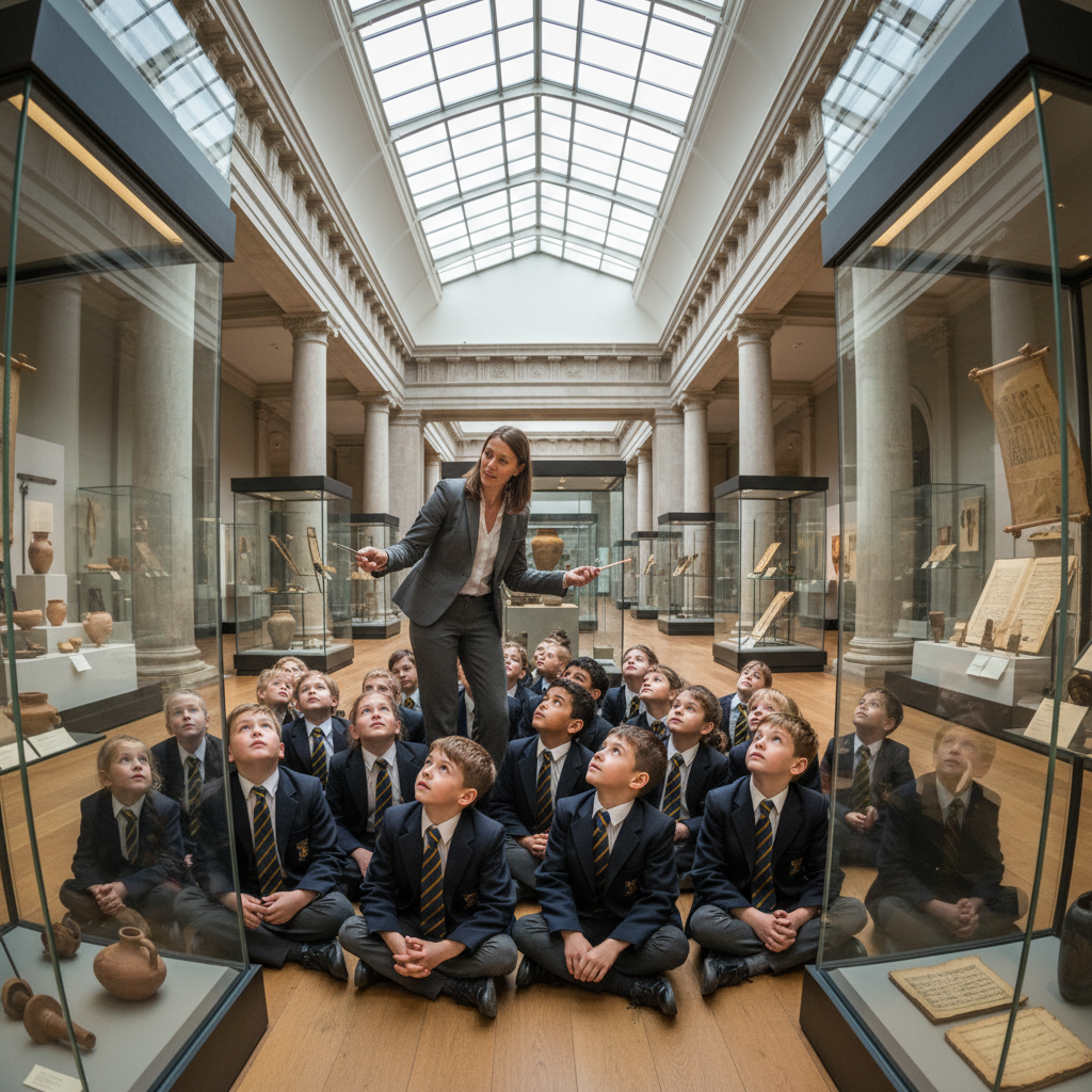 Enfants d'école primaire en cercle autour d'un guide dans un musée, écoutant avec curiosité