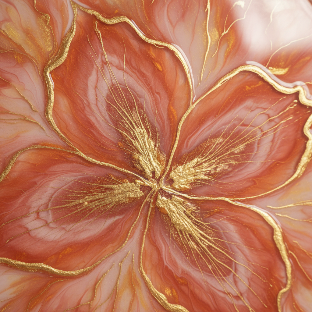 Dusty rose and terracotta resin pendant in a desert-inspired layered colour pattern on warm sand