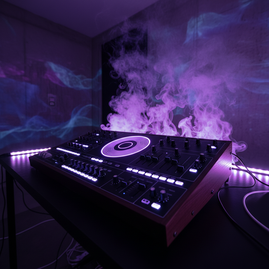 Dark music studio with glowing synthesizer lights in deep blue and purple, moody atmospheric low-key lighting