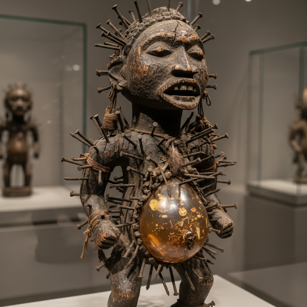 Figure de puissance Nkisi en bois avec clous en métal, sculpture cérémonielle dans vitrine de musée sombre