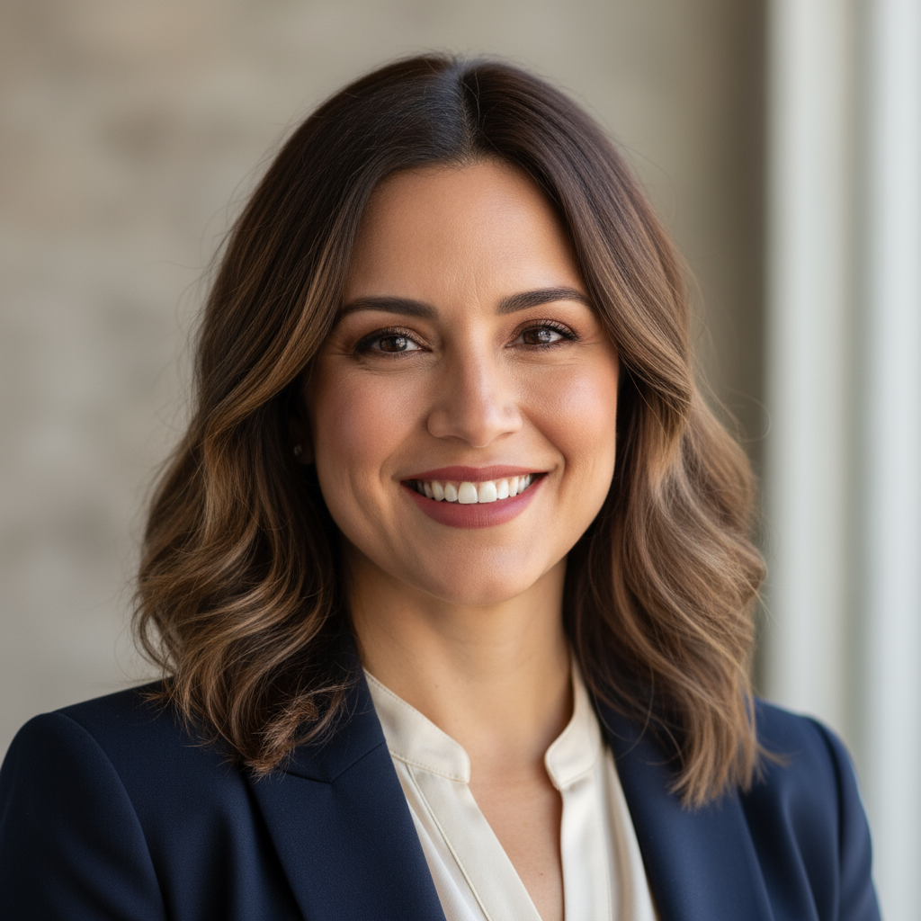 Professional woman with long brown hair in white blazer smiling confidently