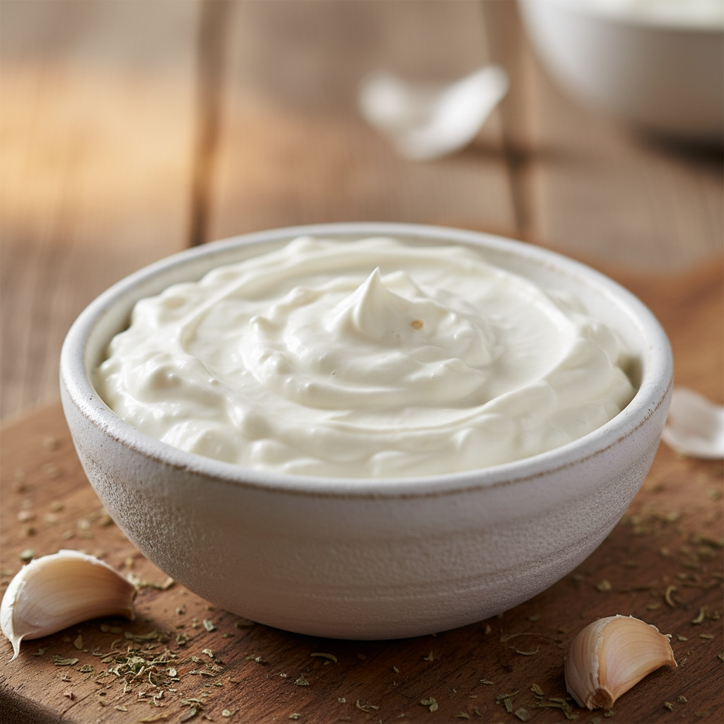 Garlic toum sauce in bowl with olive oil and herbs, dark background