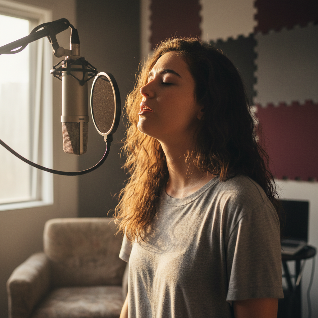 Young woman recording vocals in a home studio with soft afternoon light and acoustic panels