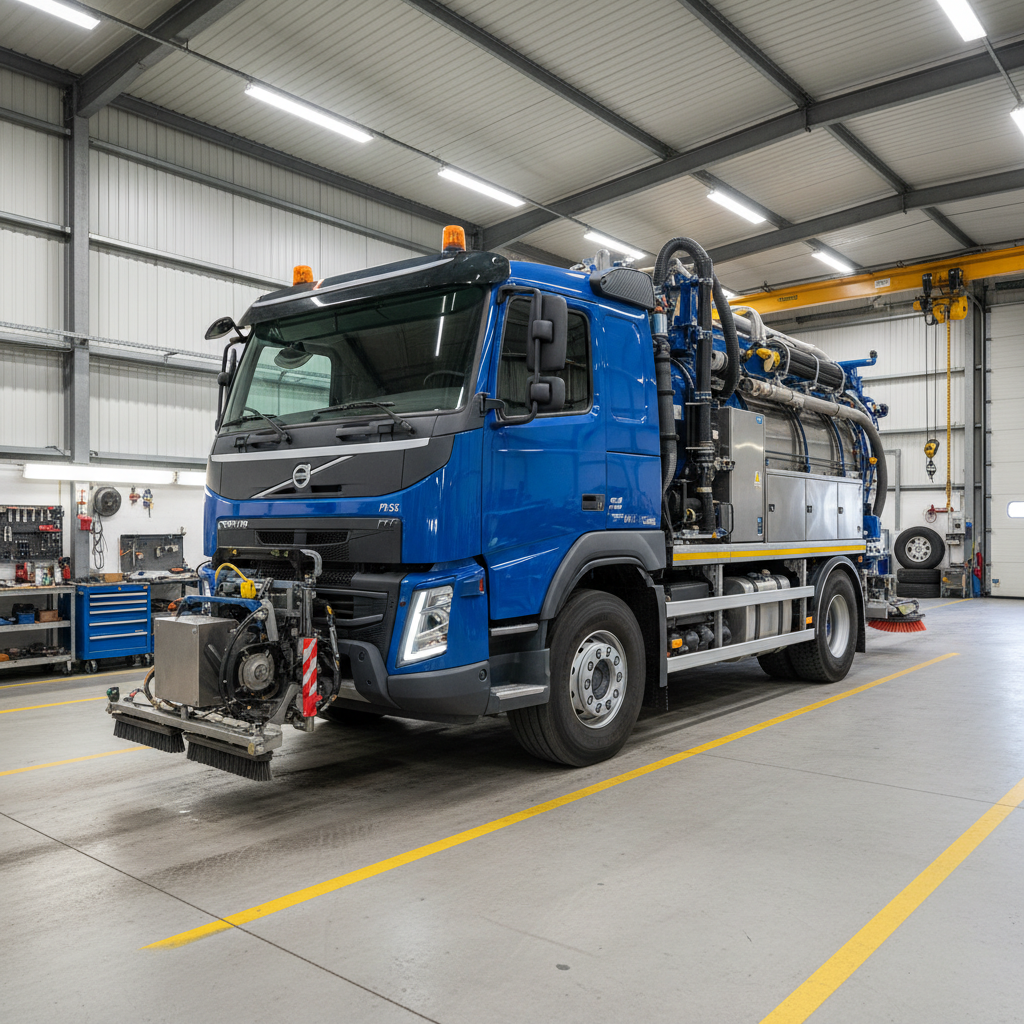 Professional sanitation service vehicle and equipment in clean industrial facility yard