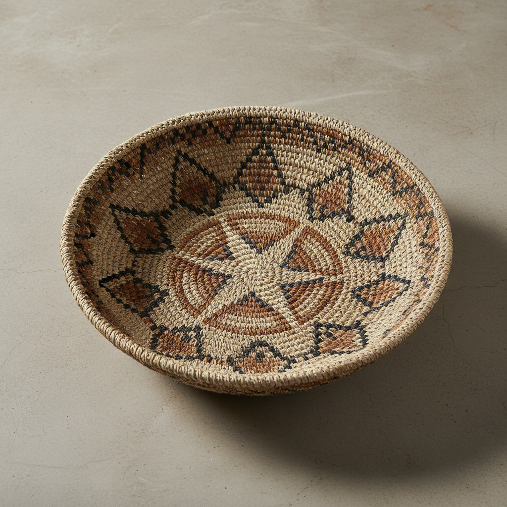 Fine coiled raffia bowl with geometric pattern in natural tones