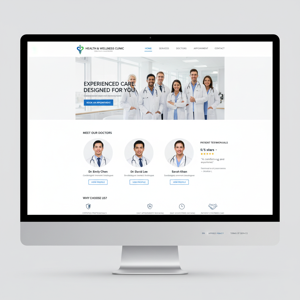 Hospital website showing doctor profiles and appointment booking interface on white background
