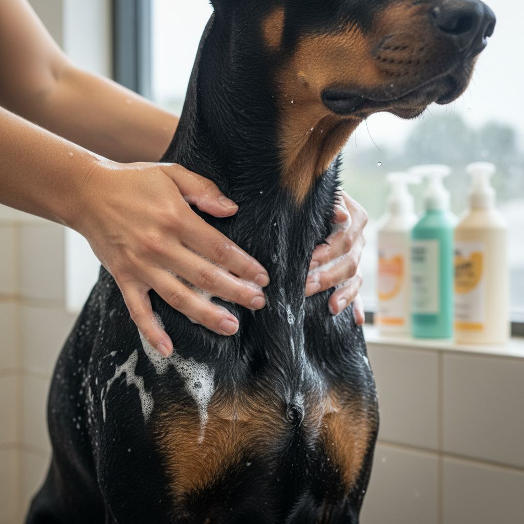 Groomer's hands massaging shampoo into a Doberman's chest plate, working in circular motions along the sternum