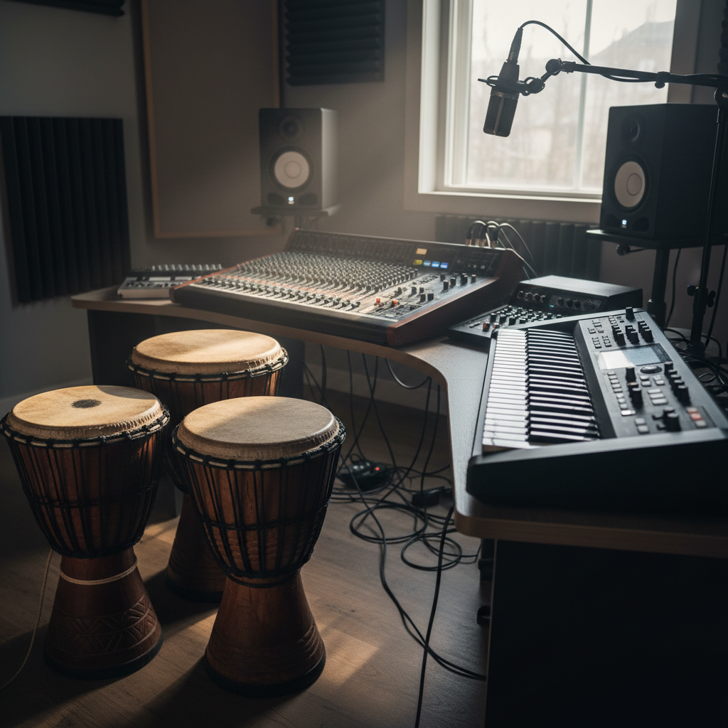 Traditional Indian tabla drums next to modern laptop and audio interface on a wooden desk