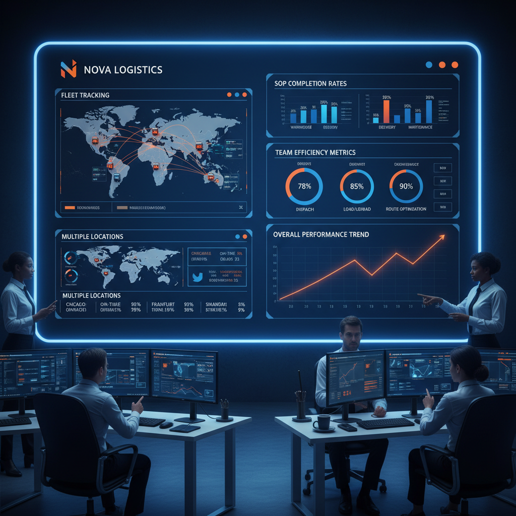 Nova Logistics operations dashboard with fleet tracking, SOP completion rates, and team efficiency metrics across multiple locations