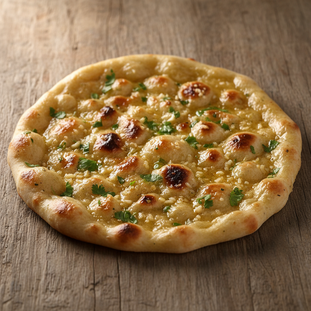 Freshly baked garlic naan with golden spots, butter glaze and chopped coriander on a wooden board