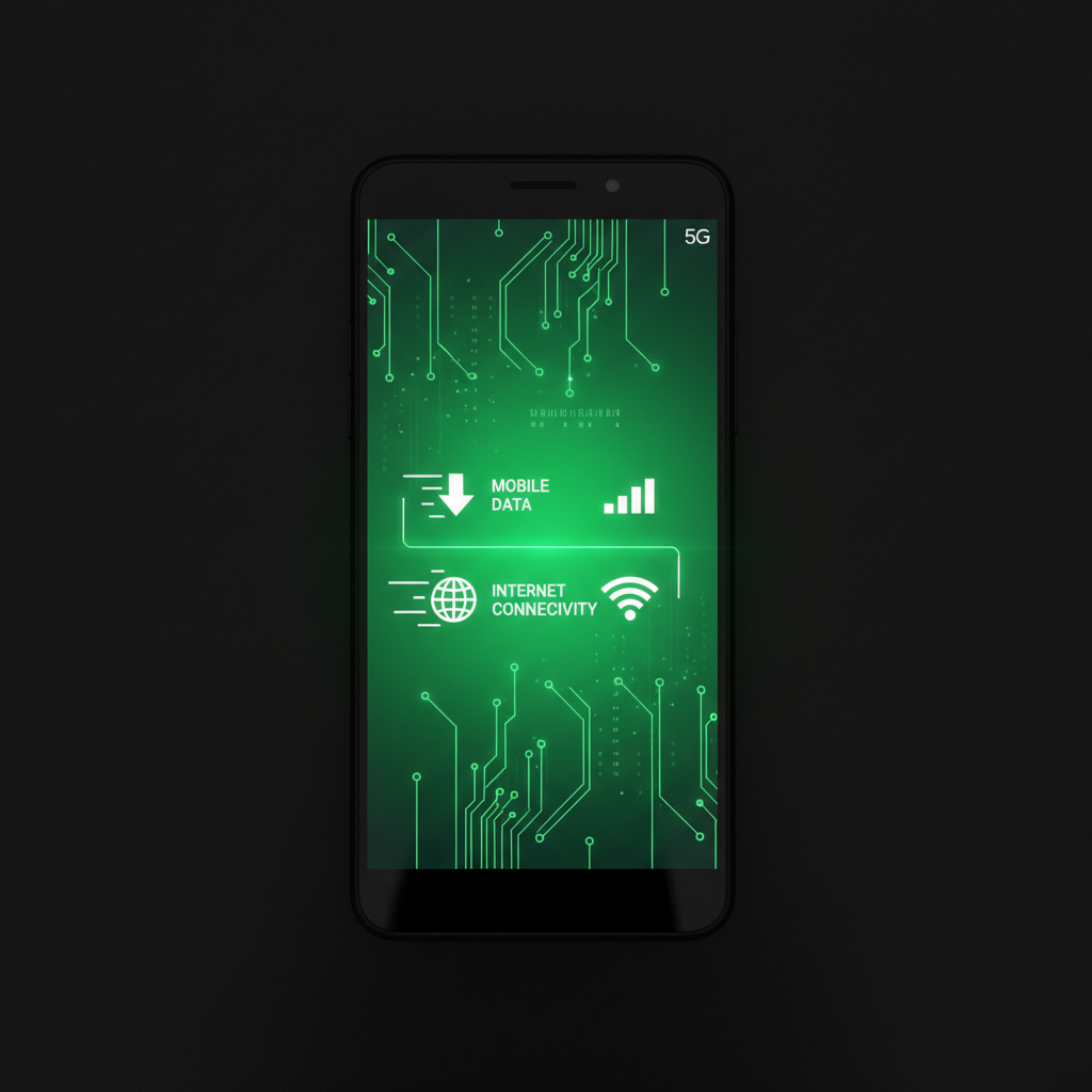 Smartphone displaying mobile data and connectivity features, modern telecommunications concept with vibrant colors