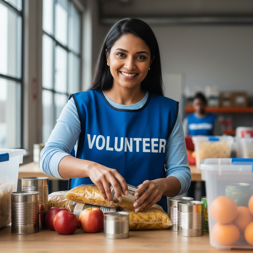 South Asian woman smiling in a volunteer vest at a food sorting station