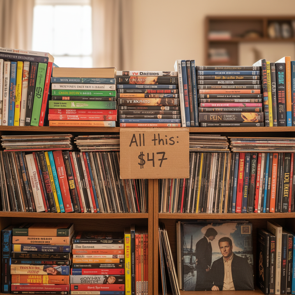 A shelf overflowing with colorful novels, DVD sets, vinyl records, and a price card reading All this: $47