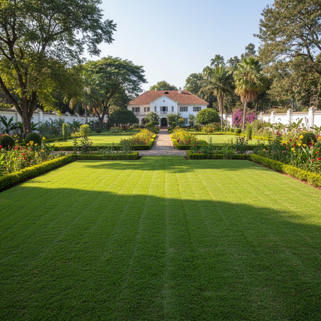 Lush manicured lawn in a Nairobi estate garden with emerald green grass and trimmed edges
