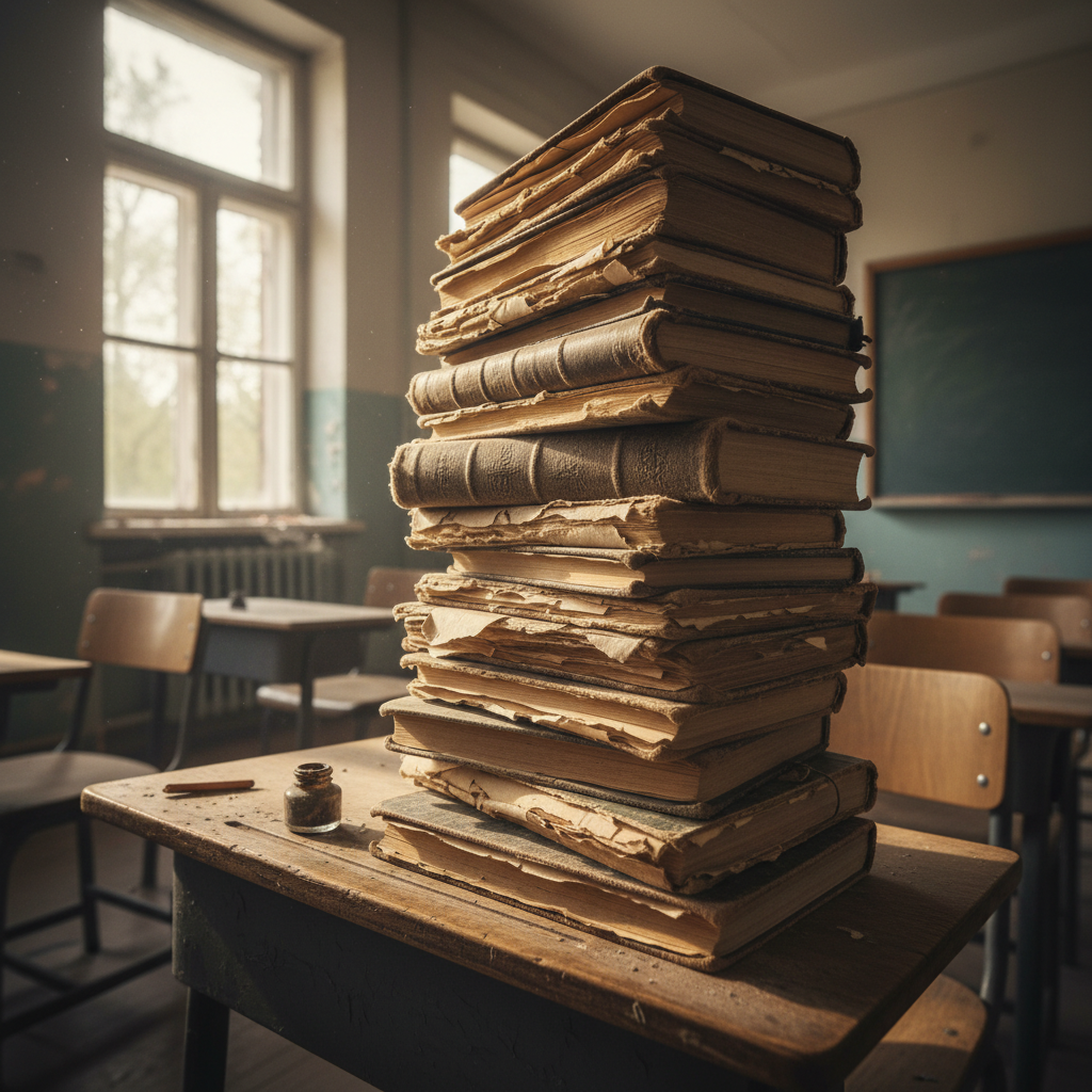 Worn and outdated textbooks stacked on a classroom desk, pages yellowed, spines cracked