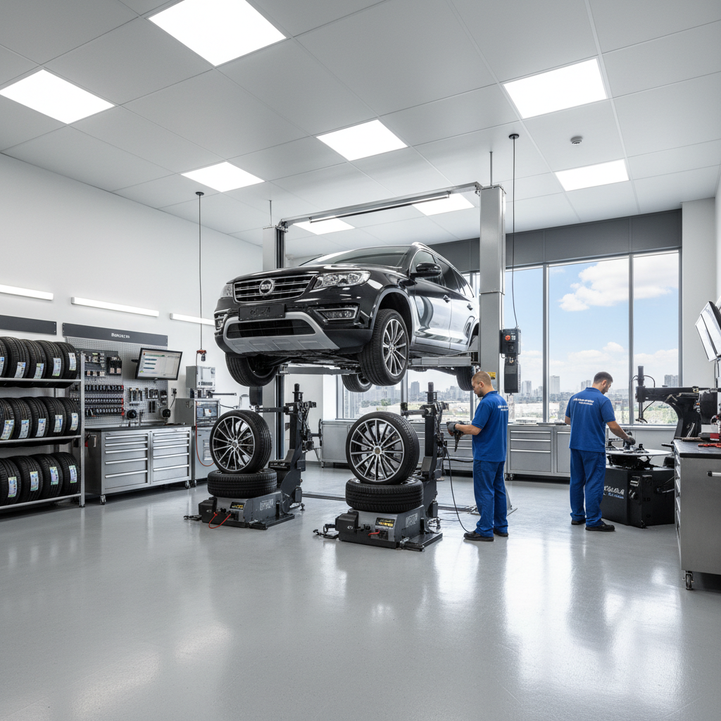 Auto mechanic performing tire service in a professional shop with hydraulic lift and vehicle on rack