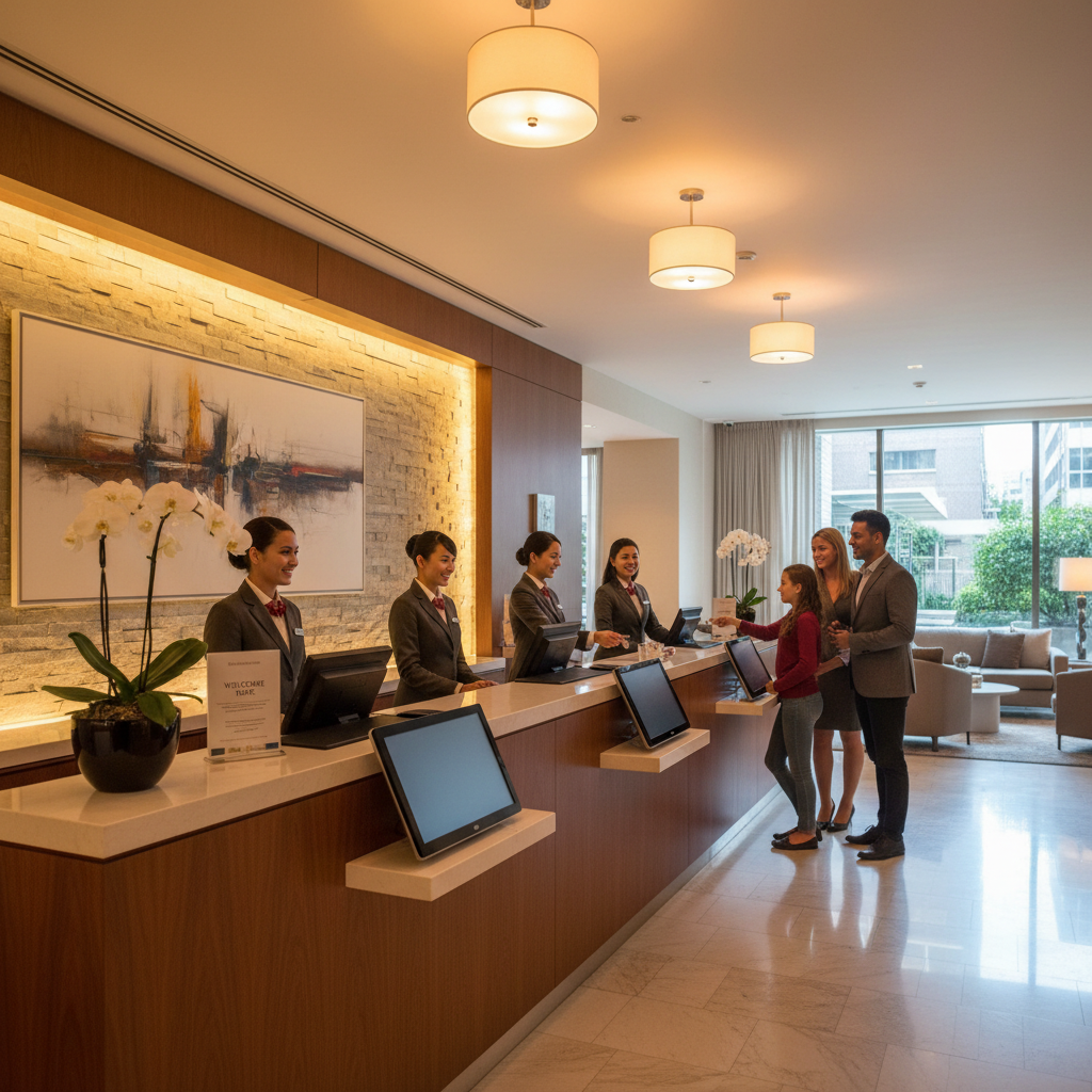 Sunrise Hospitality hotel lobby with elegant decor, warm lighting, and reception desk