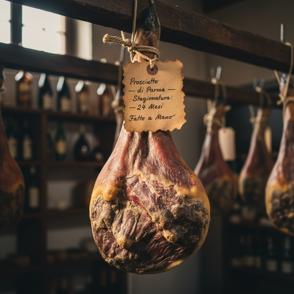 Whole hanging leg of prosciutto with handwritten tag