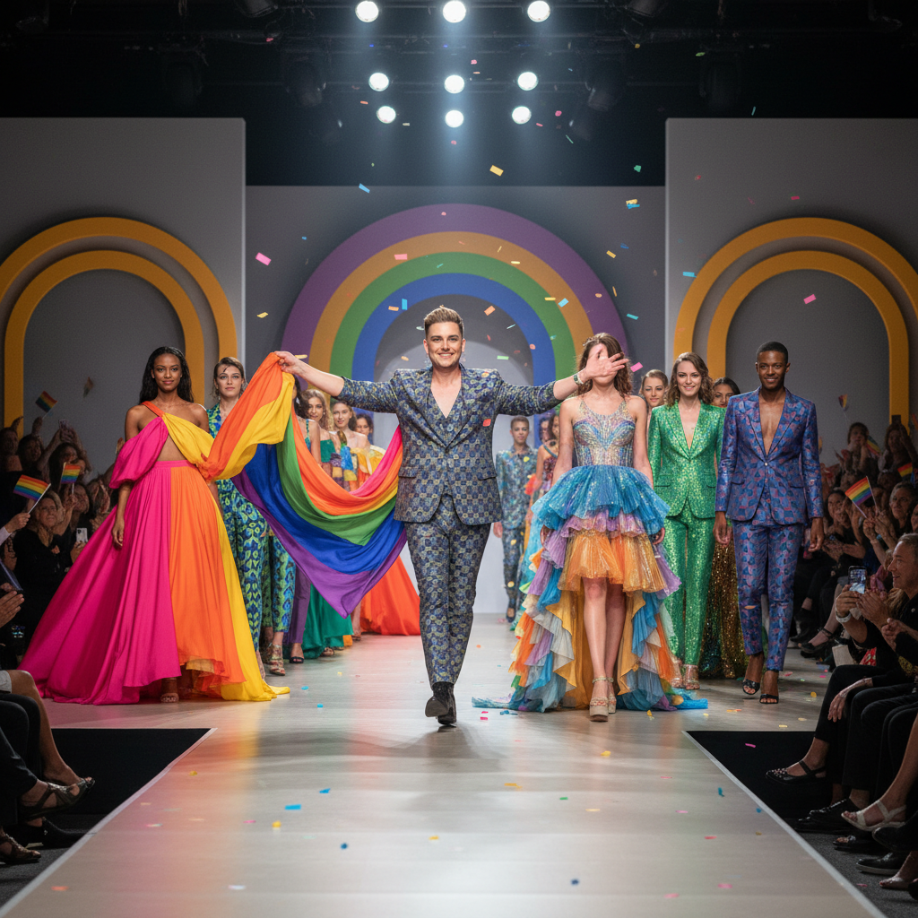 Fashion designer presenting colorful LGBTQ+ inspired clothing collection on runway