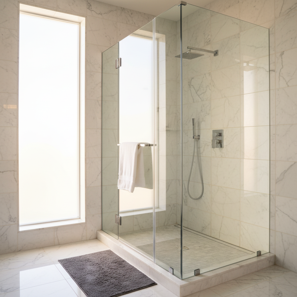 Luxury bathroom with custom frameless glass shower enclosure, white marble tiles, bright daylight