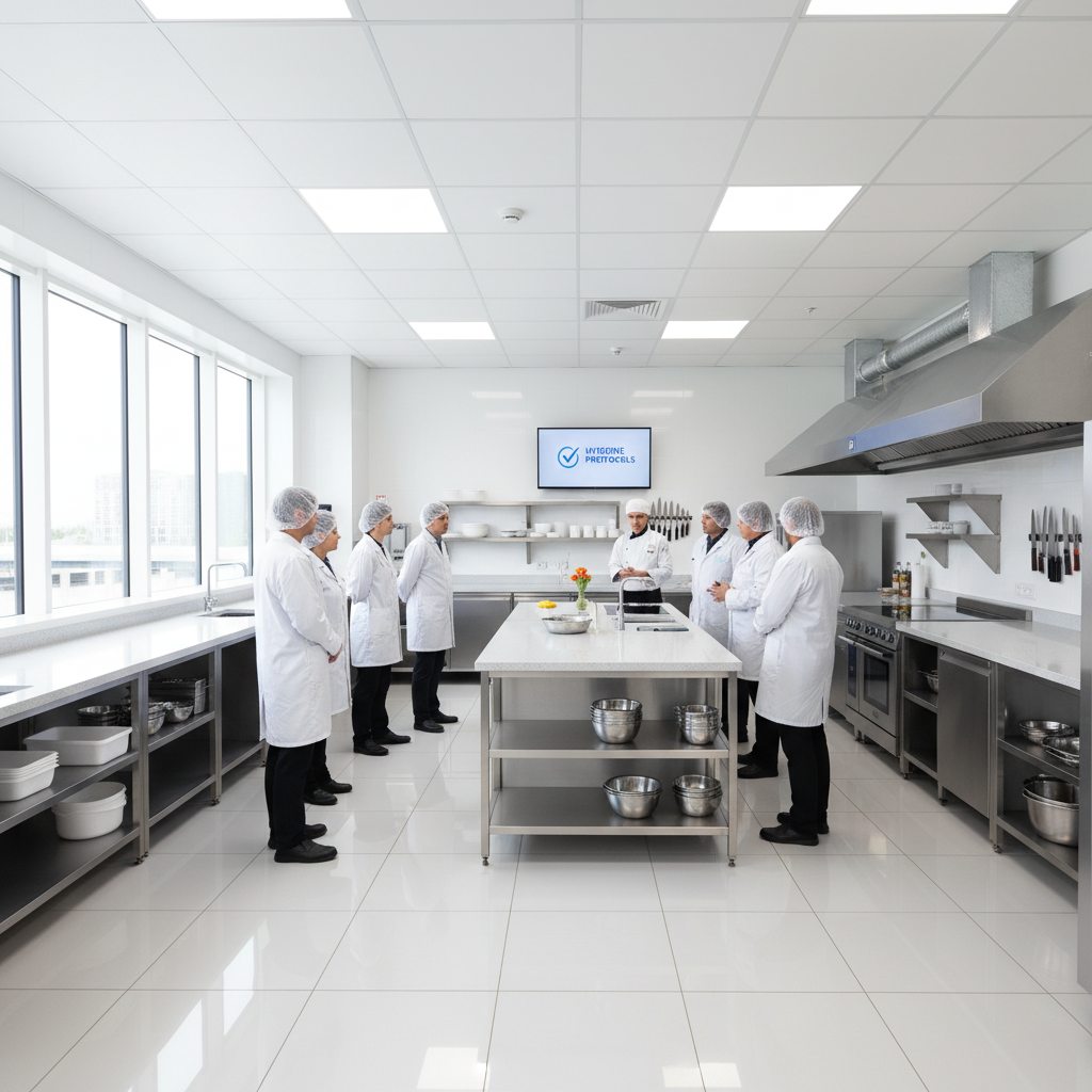 Modern open kitchen with chefs in contemporary whites plating dishes