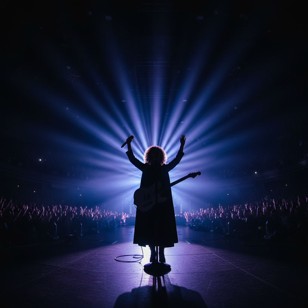 Dark concert venue with blue and purple stage lighting, performer silhouette, atmospheric smoke effects