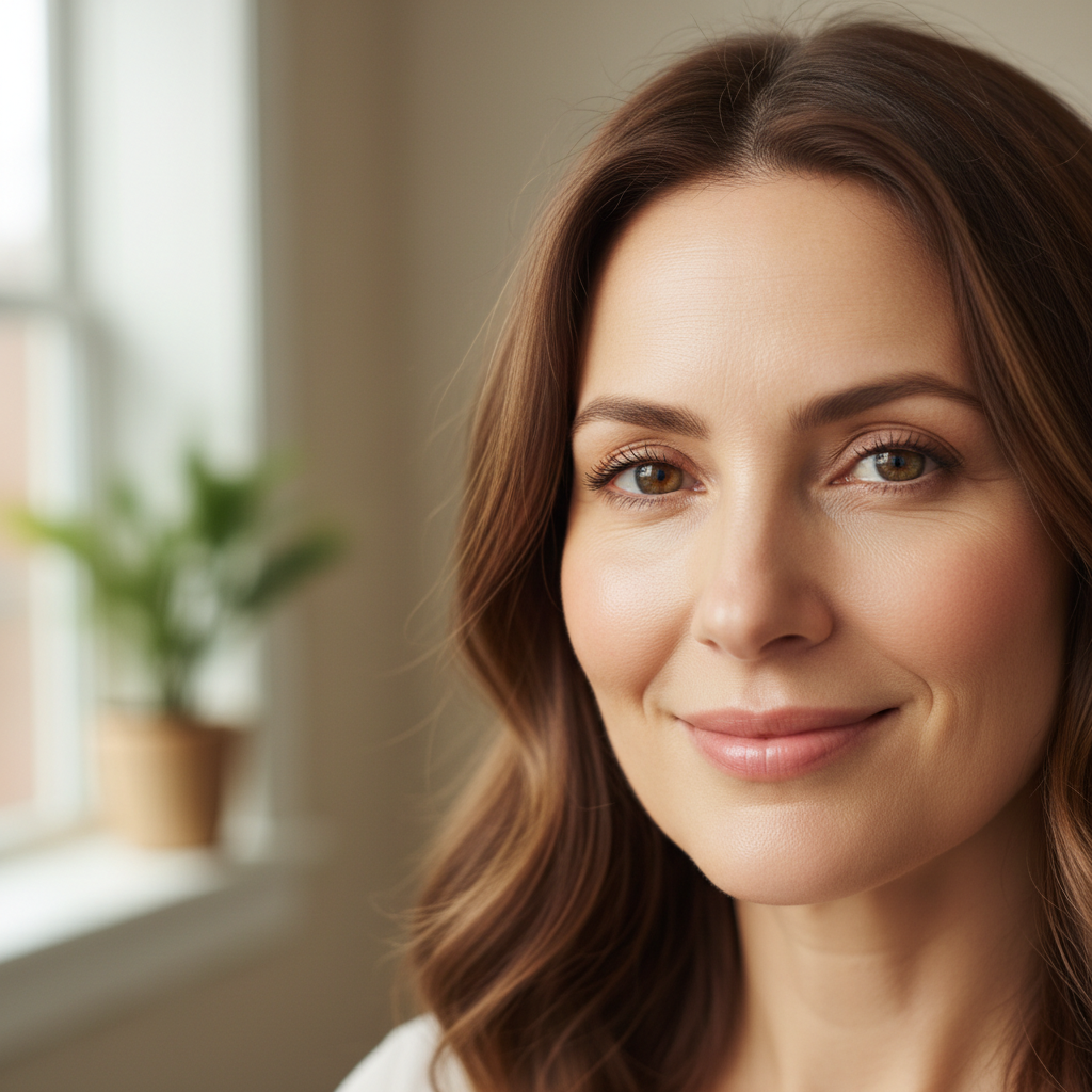 Woman in her forties, natural makeup, radiant skin tone after PRP treatment