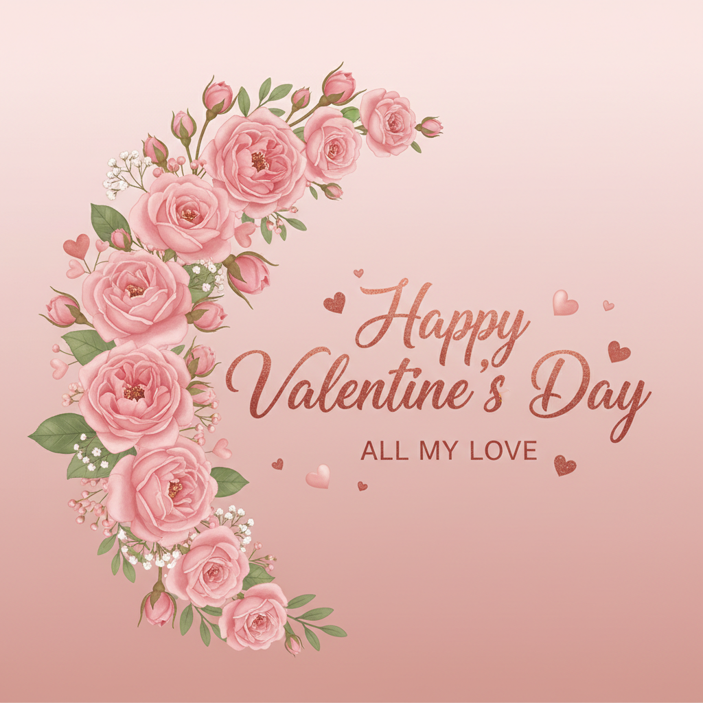 Valentine email header with pink roses and romantic typography on blush background