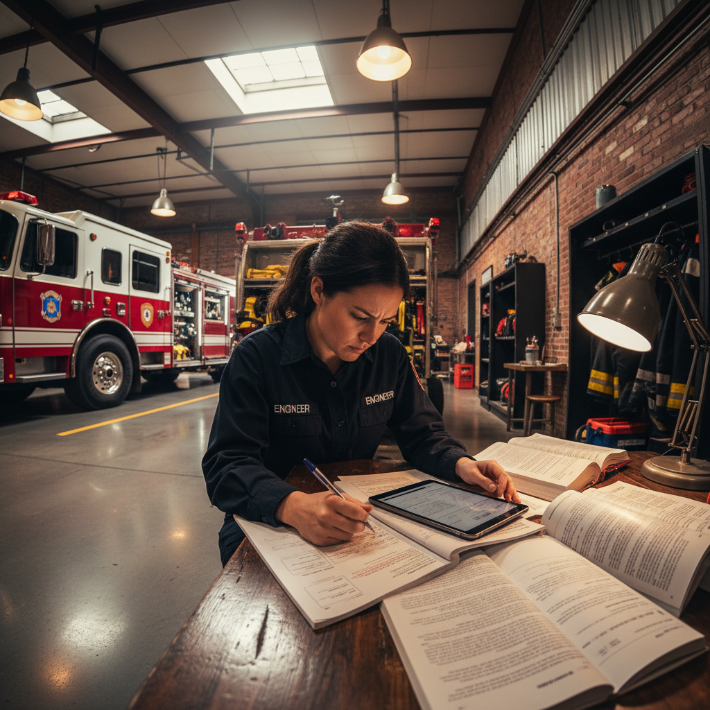 Engineer Tanya Reyes studying for promotional exams at fire station
