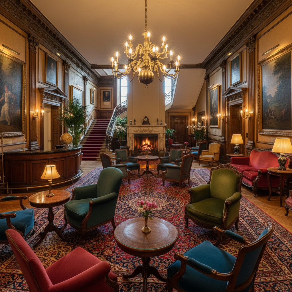 Luxusní hotelový lobby s tlumeným osvětlením, tmavé dřevěné panely, zlaté akcenty, atmosféra prémiového hotelu