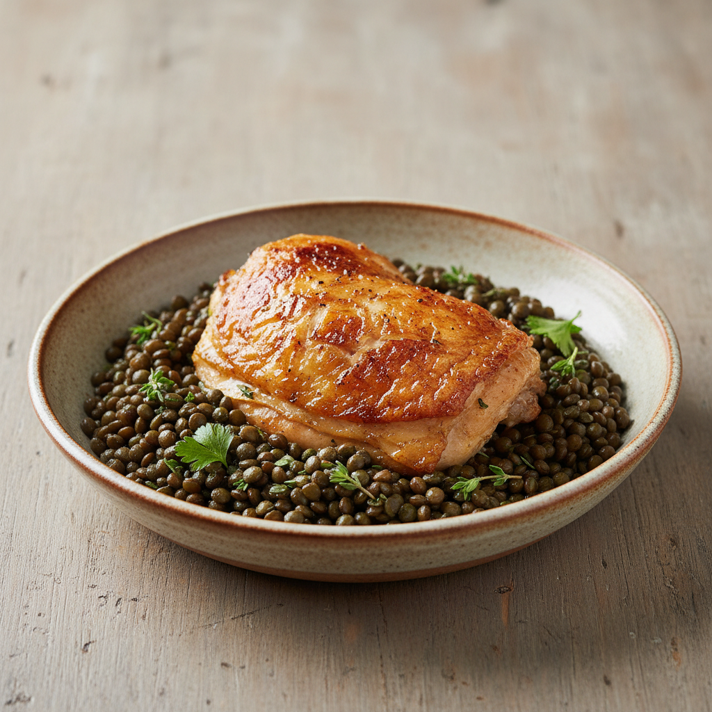 Golden-skinned chicken confit resting on a bed of Puy lentils in a wide ceramic bowl