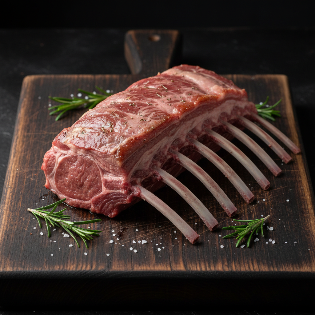 Bone-in lamb shoulder joint on dark board, pale meat, natural fat cap