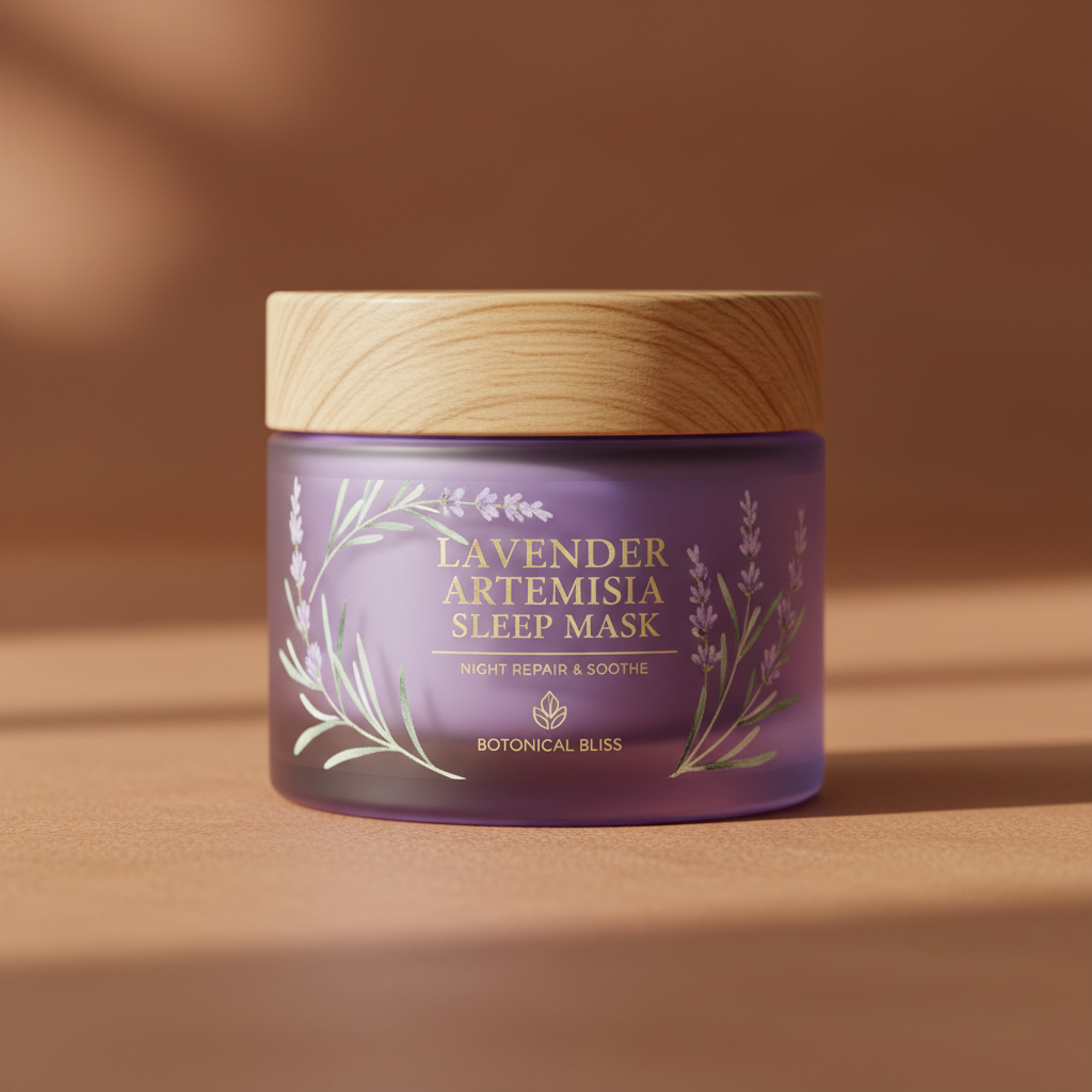 Lavender sleeping mask jar with artemisia botanical design on warm terracotta background