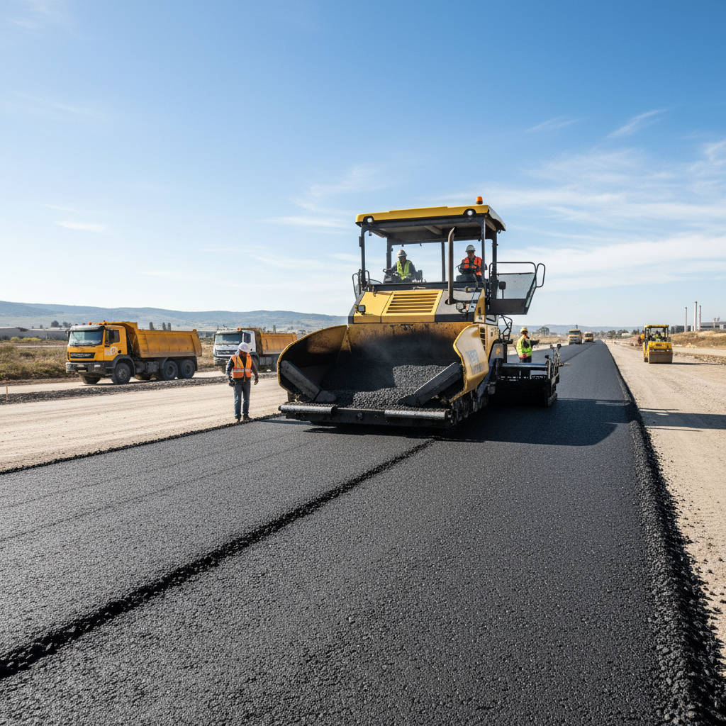 Heavy duty paving machine laying binder course for 60-tonne tanker road