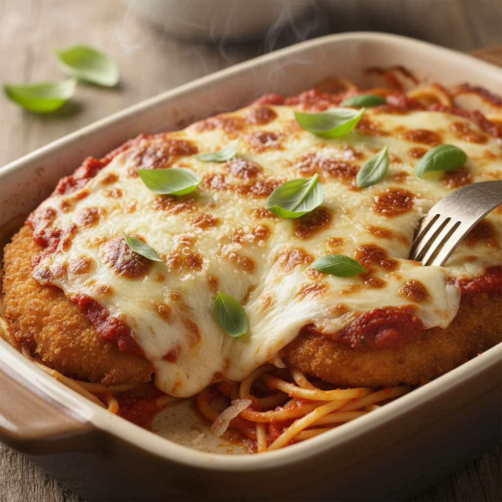 Golden breaded chicken parmigiana with melted mozzarella and tomato sauce on white plate