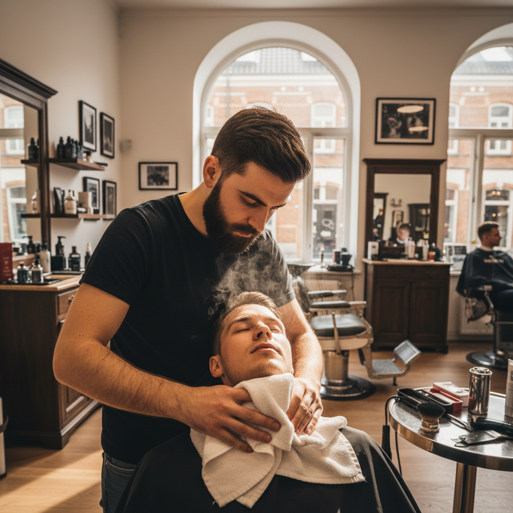 A barber applying a hot white towel to a man's face in preparation for a straight razor shave
